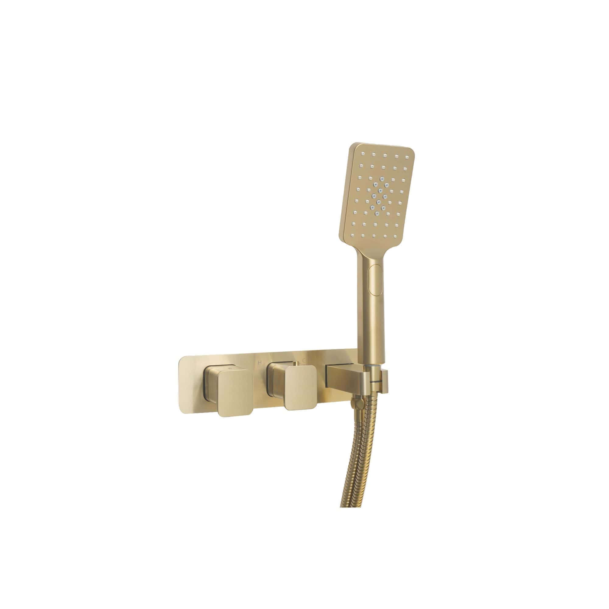 Shower mixer with hand-held spray in matte gold finish, featuring adjustable temperature controls, modern design, and wall-mounted installation for premium bathroom renovation.