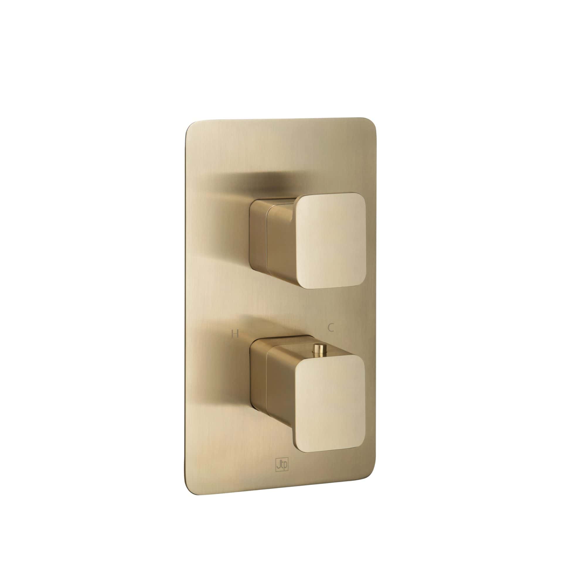 Sleek brushed gold bathroom shower control panel with dual dials for temperature and flow regulation, designed for modern luxury bathrooms.