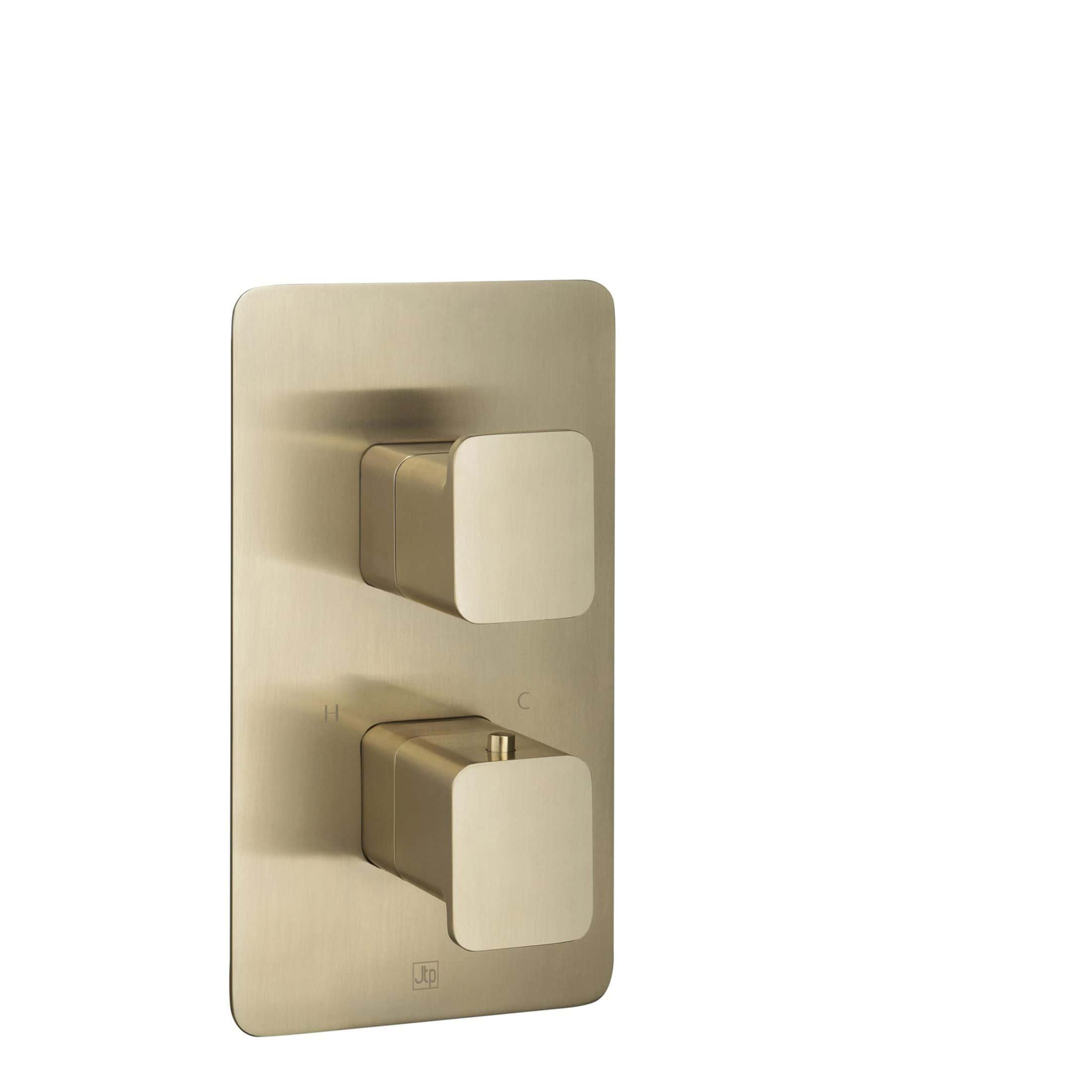 Sleek gold brushed thermostatic shower control with dual knobs for precise temperature and flow adjustment, ideal for modern bathroom renovations.