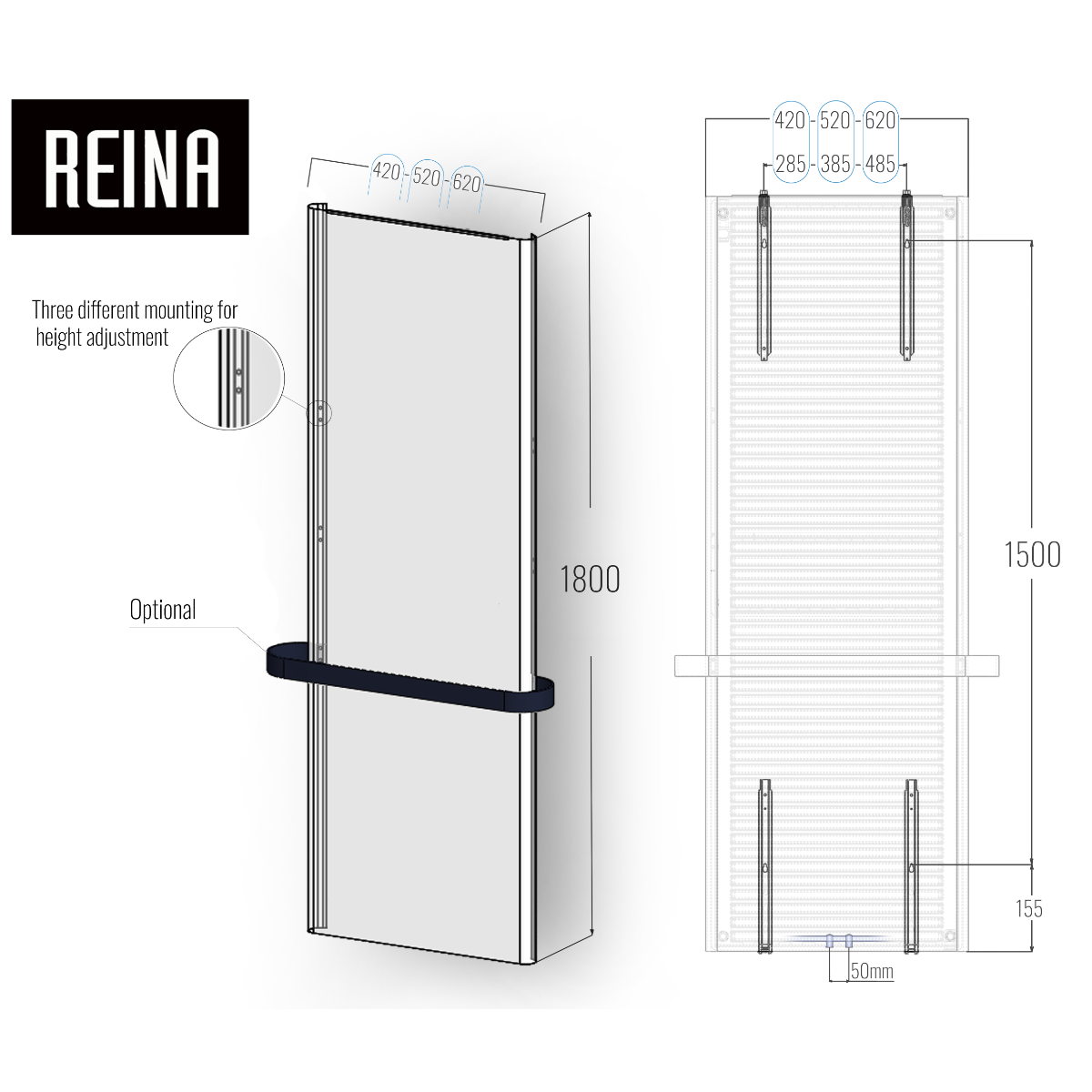 Reina Borda Anthracite Designer Radiator - technical drawing with dimensions