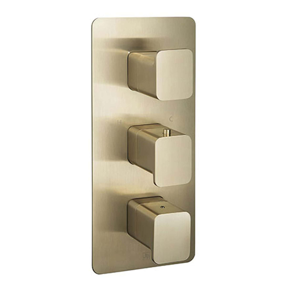 Brass modern shower control panel with three knobs for temperature and flow adjustment, sleek design suitable for stylish bathrooms.