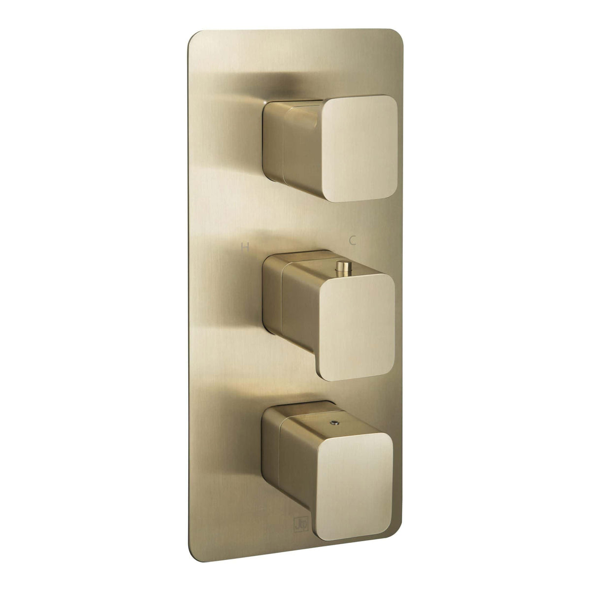 Sleek gold thermostatic shower valve with three controls for precise temperature and flow regulation, ideal for contemporary bathrooms.