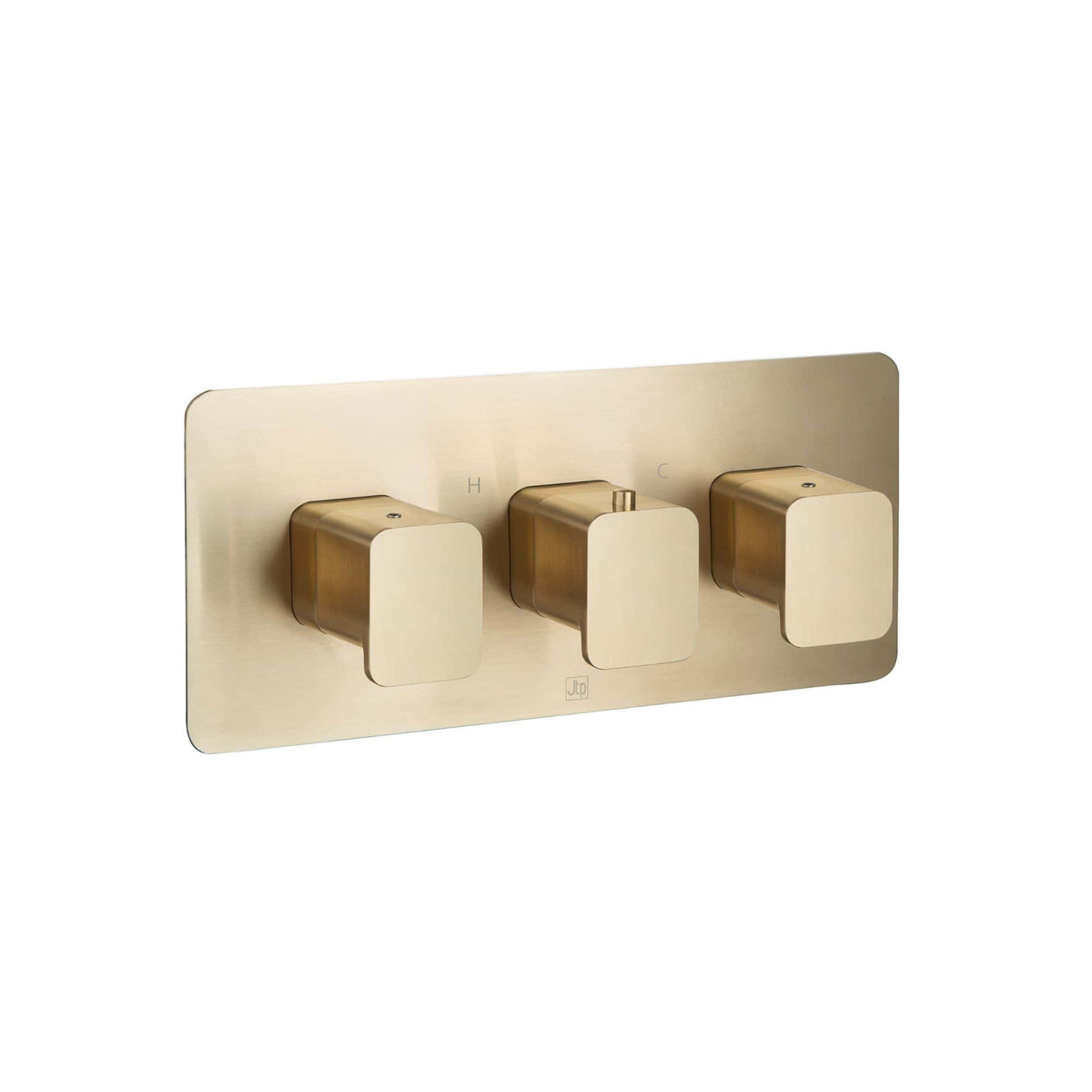 Elegant gold bathroom thermostat with three control knobs, sleek design for modern bathrooms, and easy temperature adjustment. Perfect for upscale bathroom renovations.