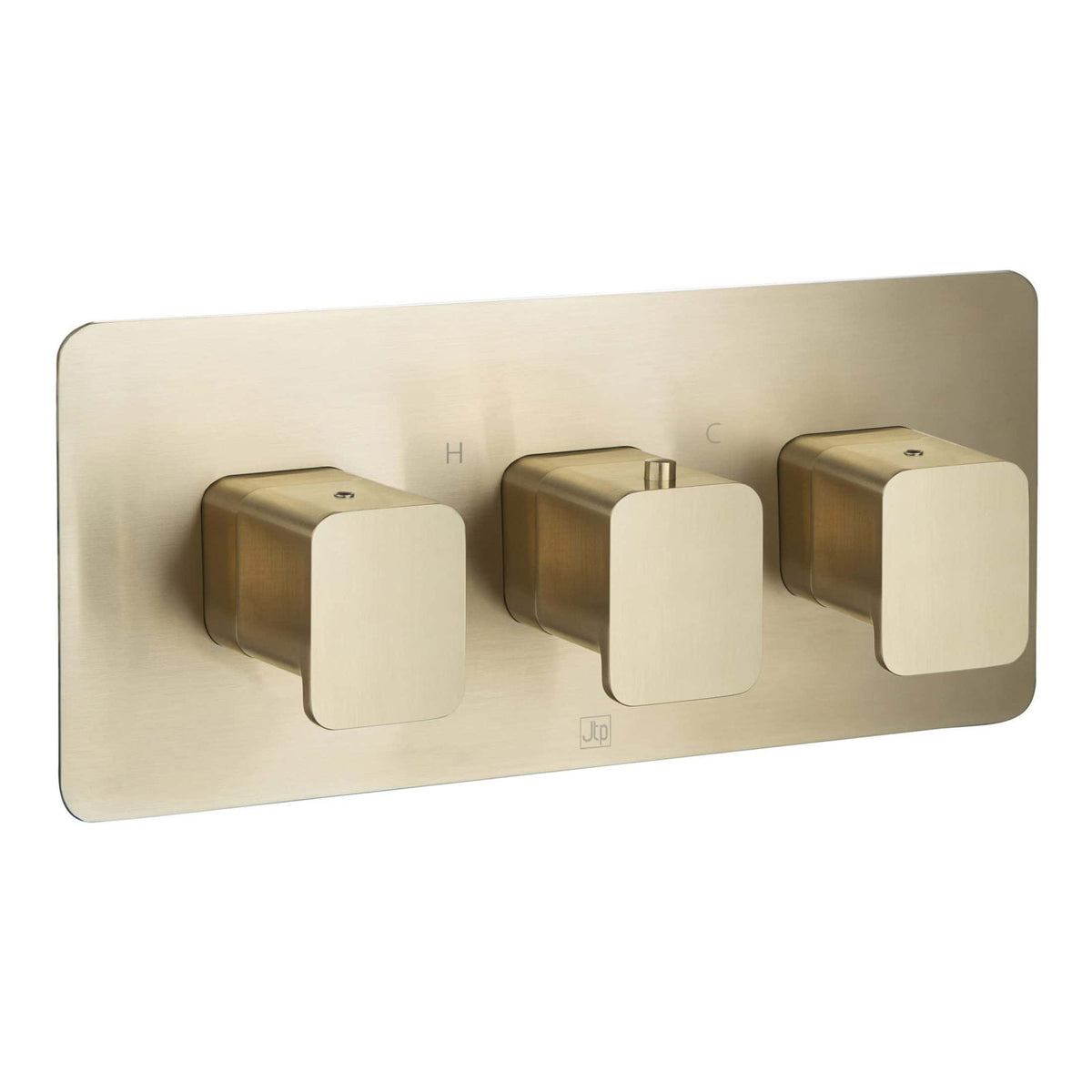 Sleek brass bathroom thermostat switch panel with three controls, ideal for modern bathroom heating and shower systems. Designed for style and functionality in contemporary bathrooms.