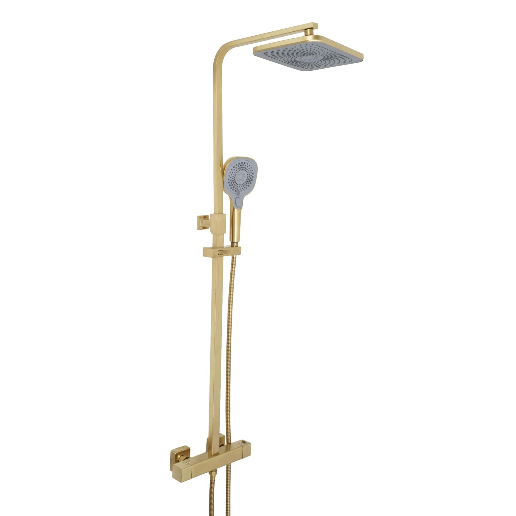 Polished gold shower panel with overhead rain showerhead and handheld shower for luxurious bathroom experience.