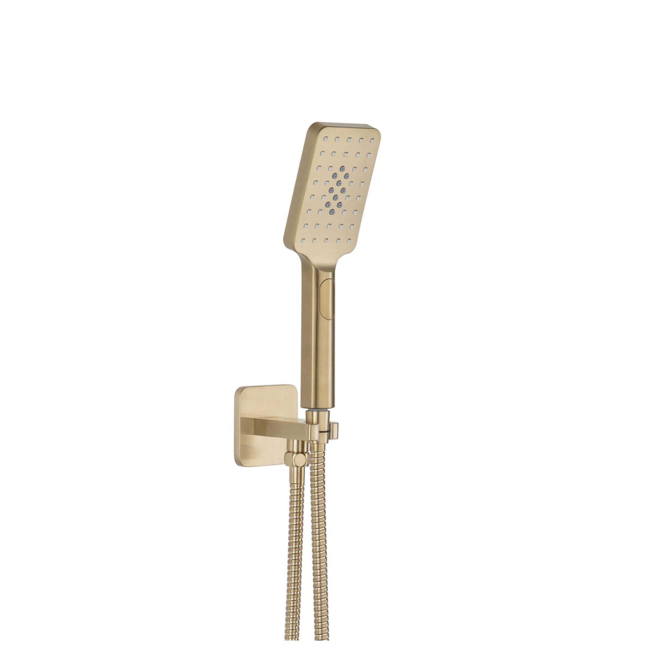 Shower head with brass finish and dual spray options, mounted on an adjustable wall bracket, designed for modern bathrooms, ideal for enhancing bathing comfort and style.