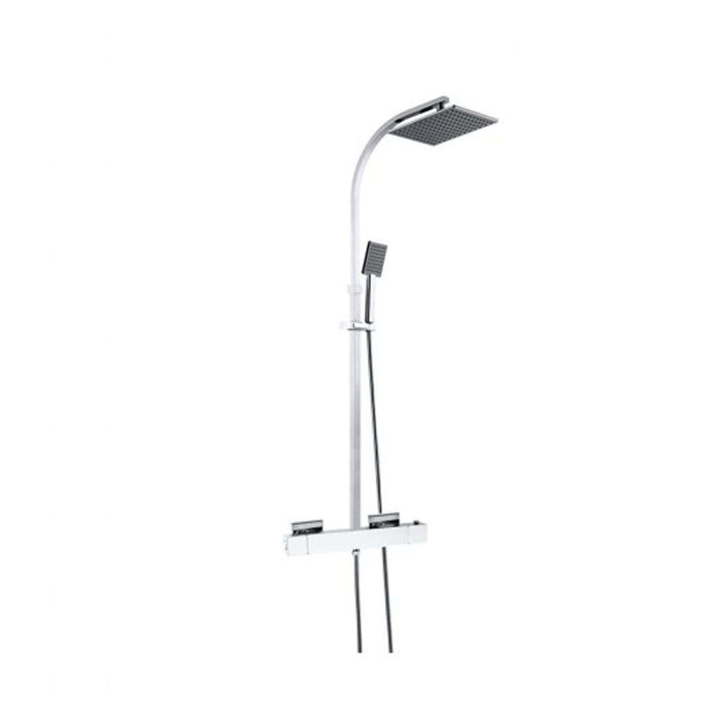 Modern chrome outdoor shower with adjustable overhead and hand-held spray for luxurious bathroom and garden use. Perfect for relaxing or rinsing off after a swim or garden work.