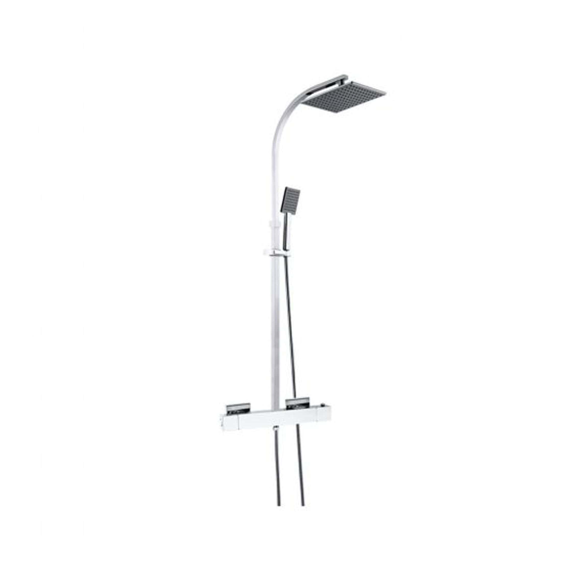 Modern chrome outdoor shower with adjustable overhead and hand-held spray for luxurious bathroom and garden use. Perfect for relaxing or rinsing off after a swim or garden work.