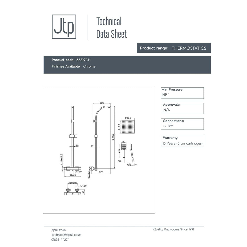 Modern bathroom thermosistic shower and mixer tap system with chrome finish, featuring adjustable height shower head and contemporary design, perfect for stylish bathroom renovations.