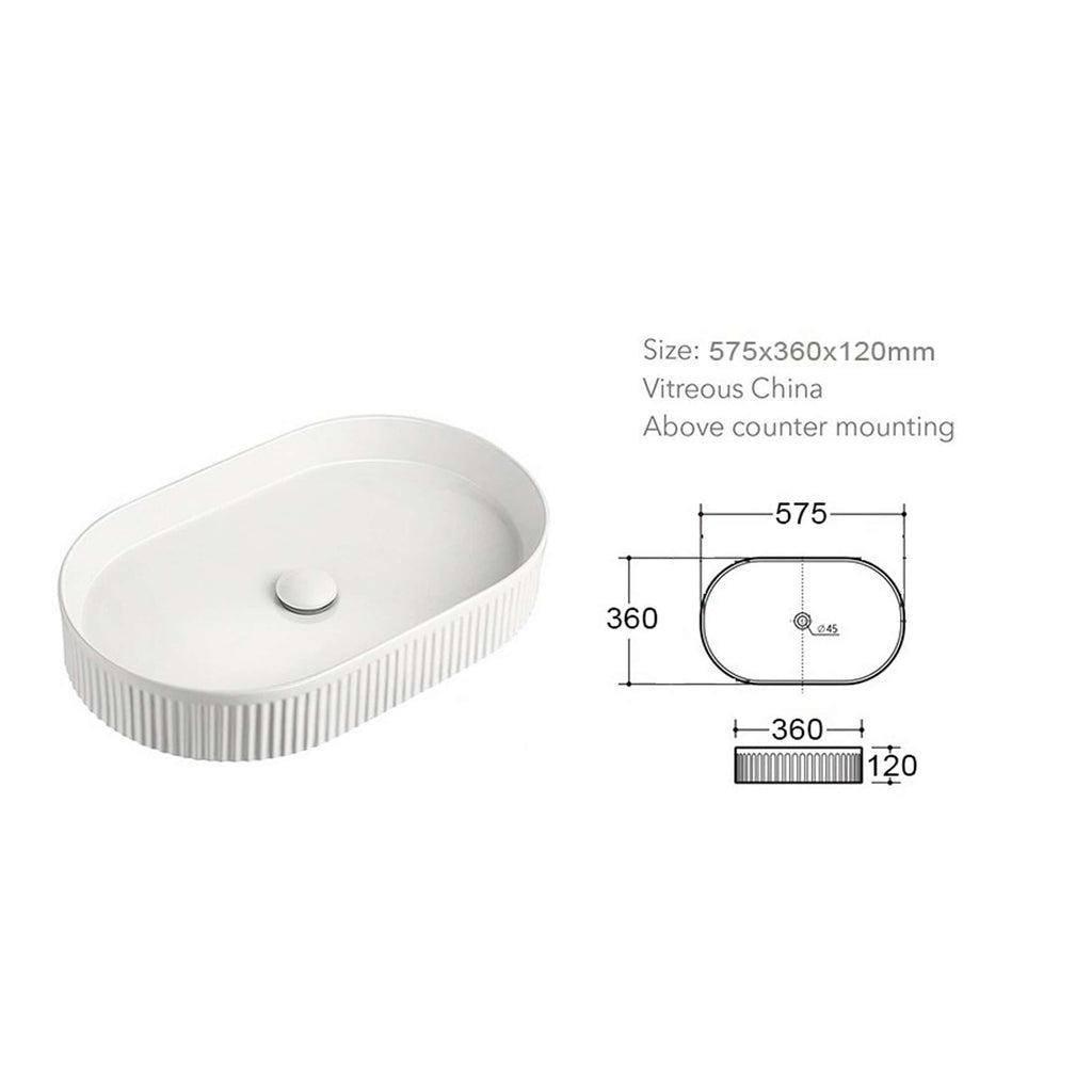 Sleek oval white bathroom sink with ribbed exterior design, featuring detailed measurements and technical specifications for contemporary bathroom installations.