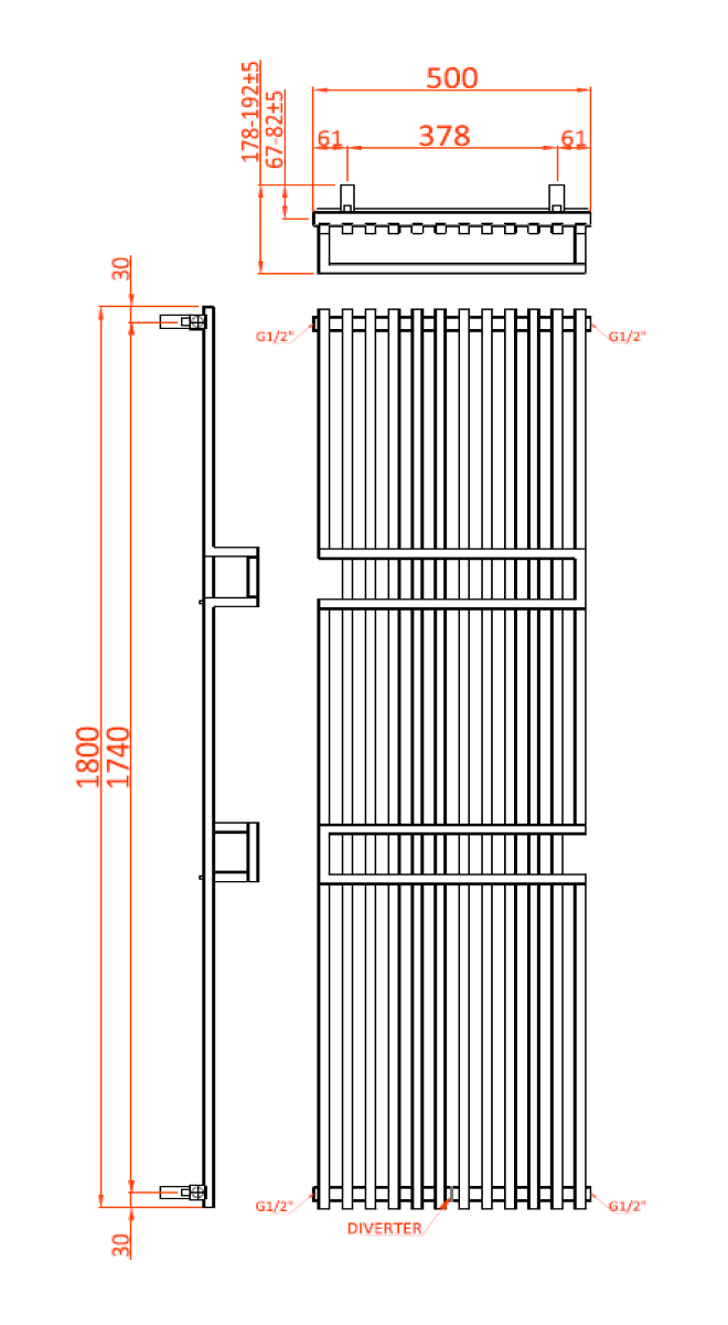 Reina Grande Chrome Designer Radiator - technical drawing with dimensions