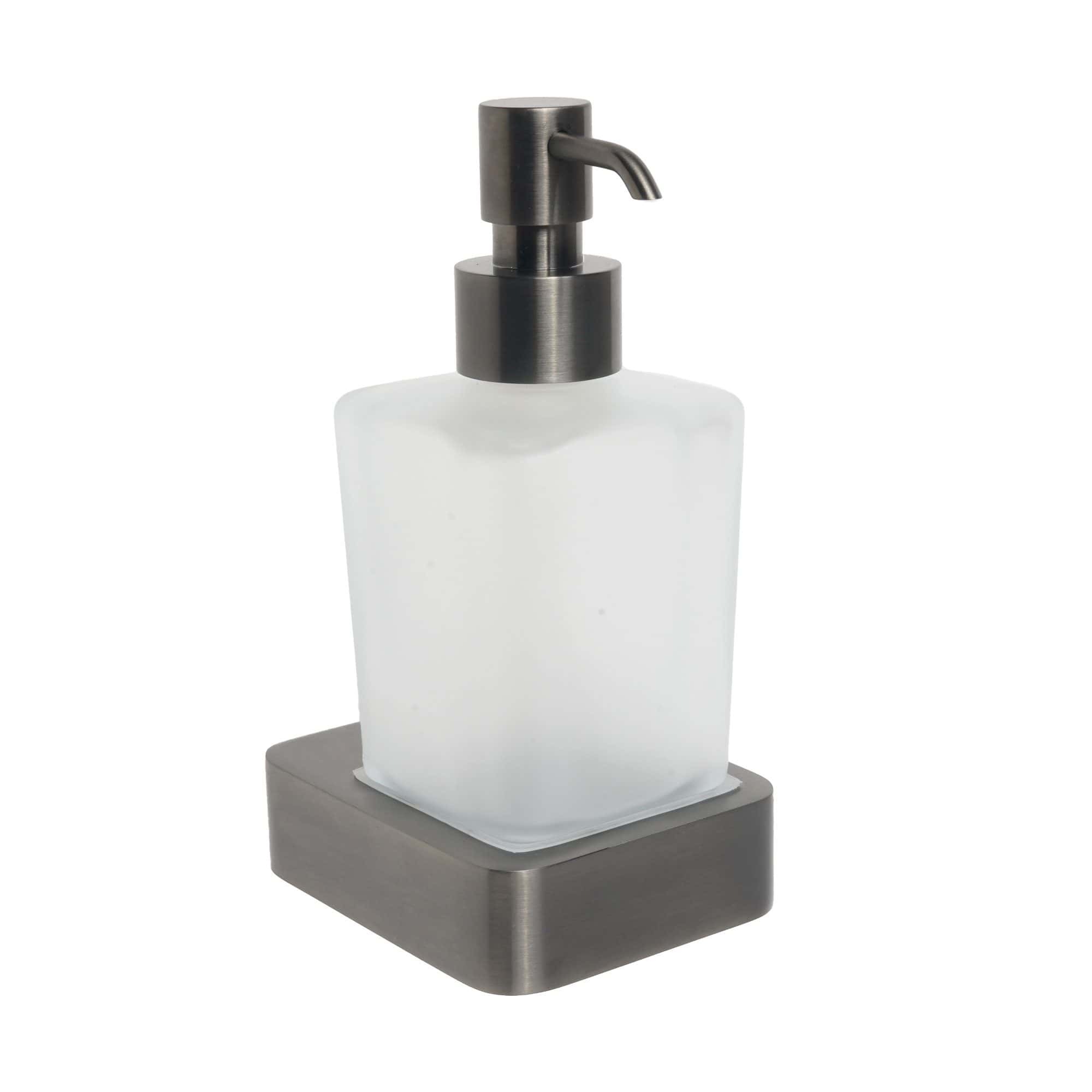 Sleek stainless steel soap dispenser with a frosted glass bottle, designed for contemporary bathrooms. Perfect for hand wash soap, combining functionality and modern style.