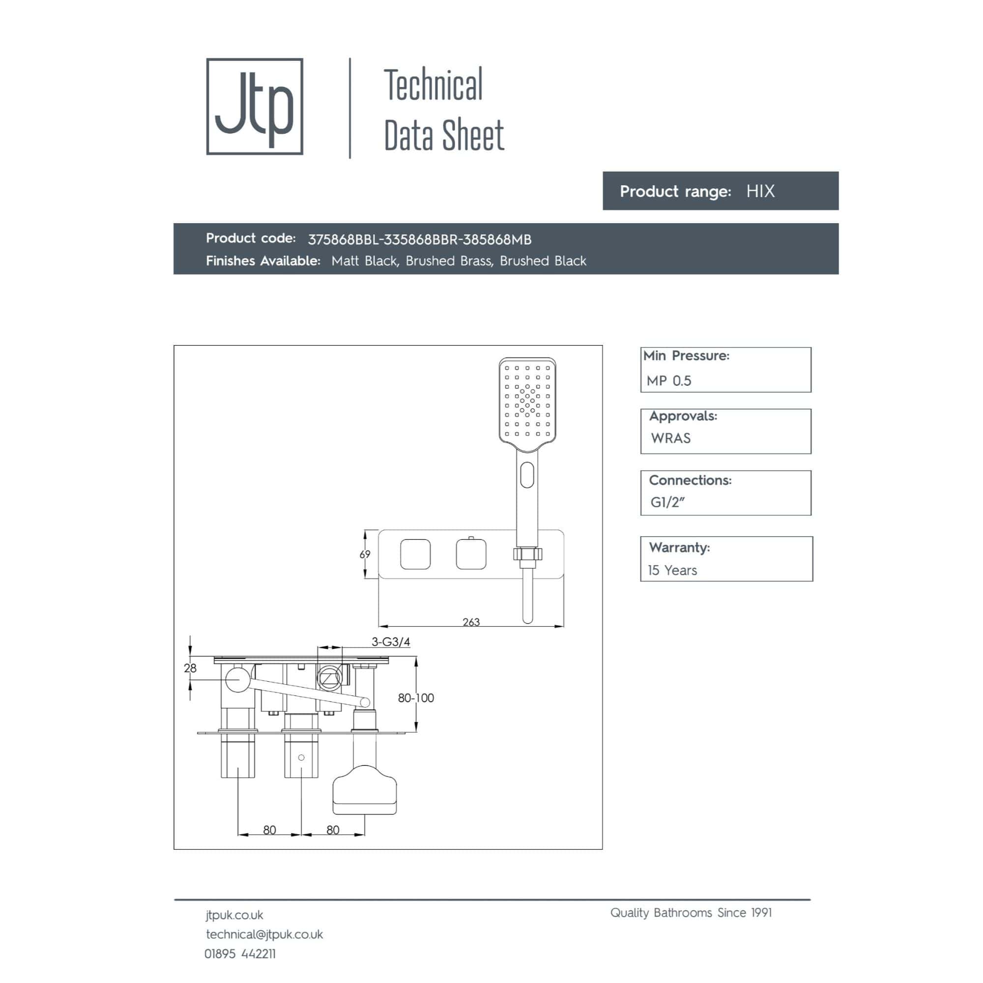 Modern bathroom shower fixture with technical specifications and dimensions, including details about finishes, pressure requirements, and connection types.
