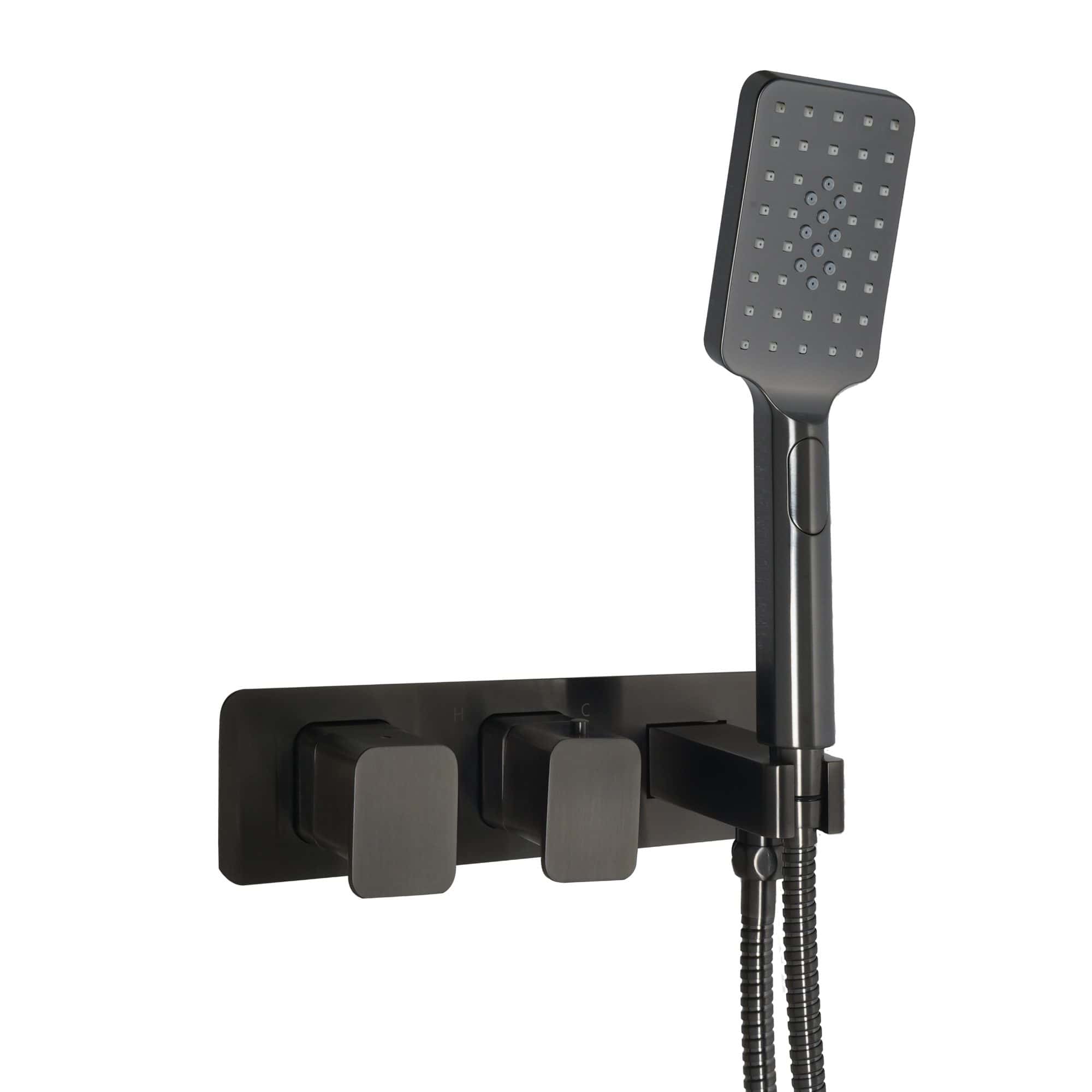High-quality black matte shower panel with handheld showerhead and multiple spray settings, ideal for modern bathroom renovations and creating a luxurious shower experience.