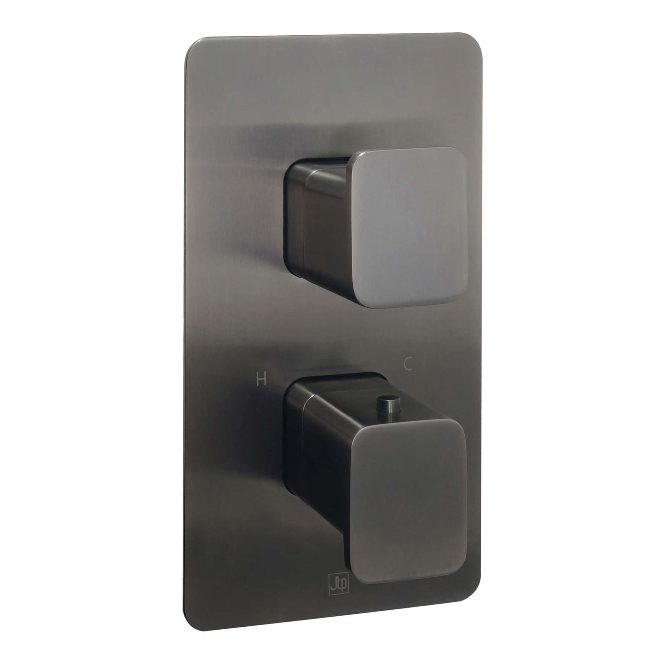 Sleek stainless steel shower control panel with dual temperature and flow dials, perfect for modern bathroom renovations and shower upgrades.