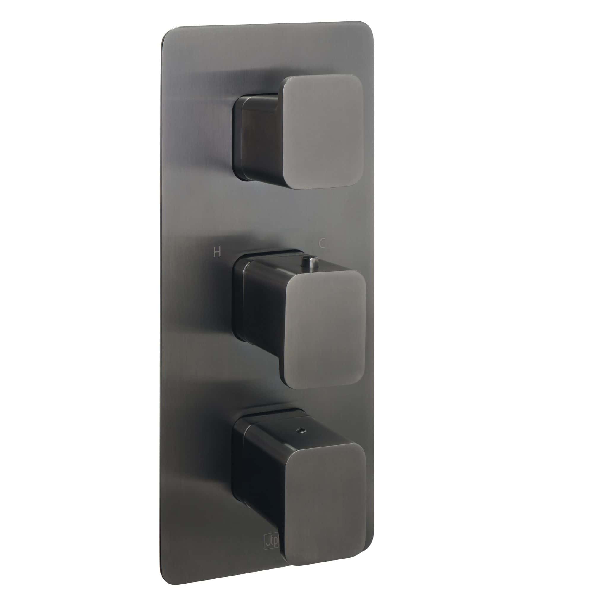 Sleek stainless steel shower control panel with adjustable temperature and water flow, designed for modern bathroom renovations and high-end Bubly bathrooms.
