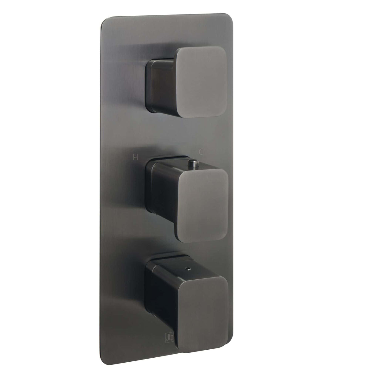 Sleek stainless steel shower thermostat with three control knobs for precise temperature and flow control, ideal for modern bathroom bathrooms.