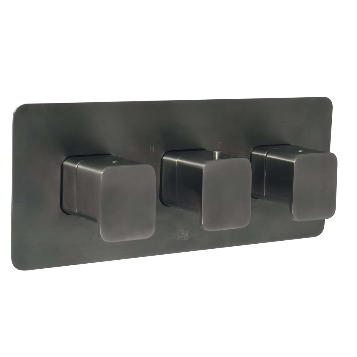 Sleek modern thermostatic shower control panel with three dials in brushed stainless steel finish, ideal for contemporary bathroom renovations and high-end shower systems.