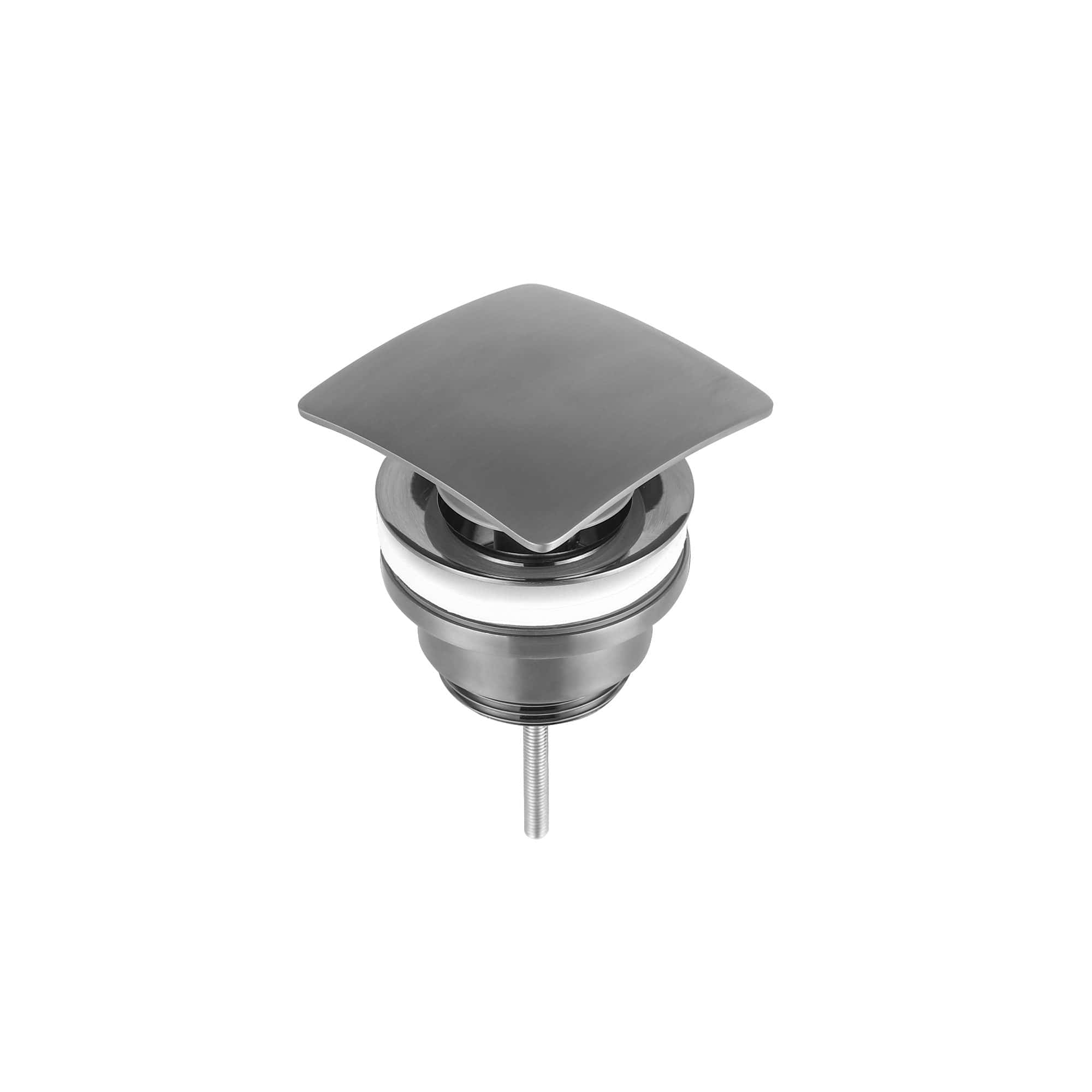 Stainless steel bathroom sink drain assembly with square chrome cover, modern bathroom plumbing component.