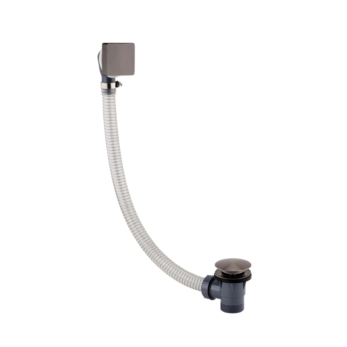 Flexible bathroom drain pipe with square wall connection and grey finish for plumbing installations.