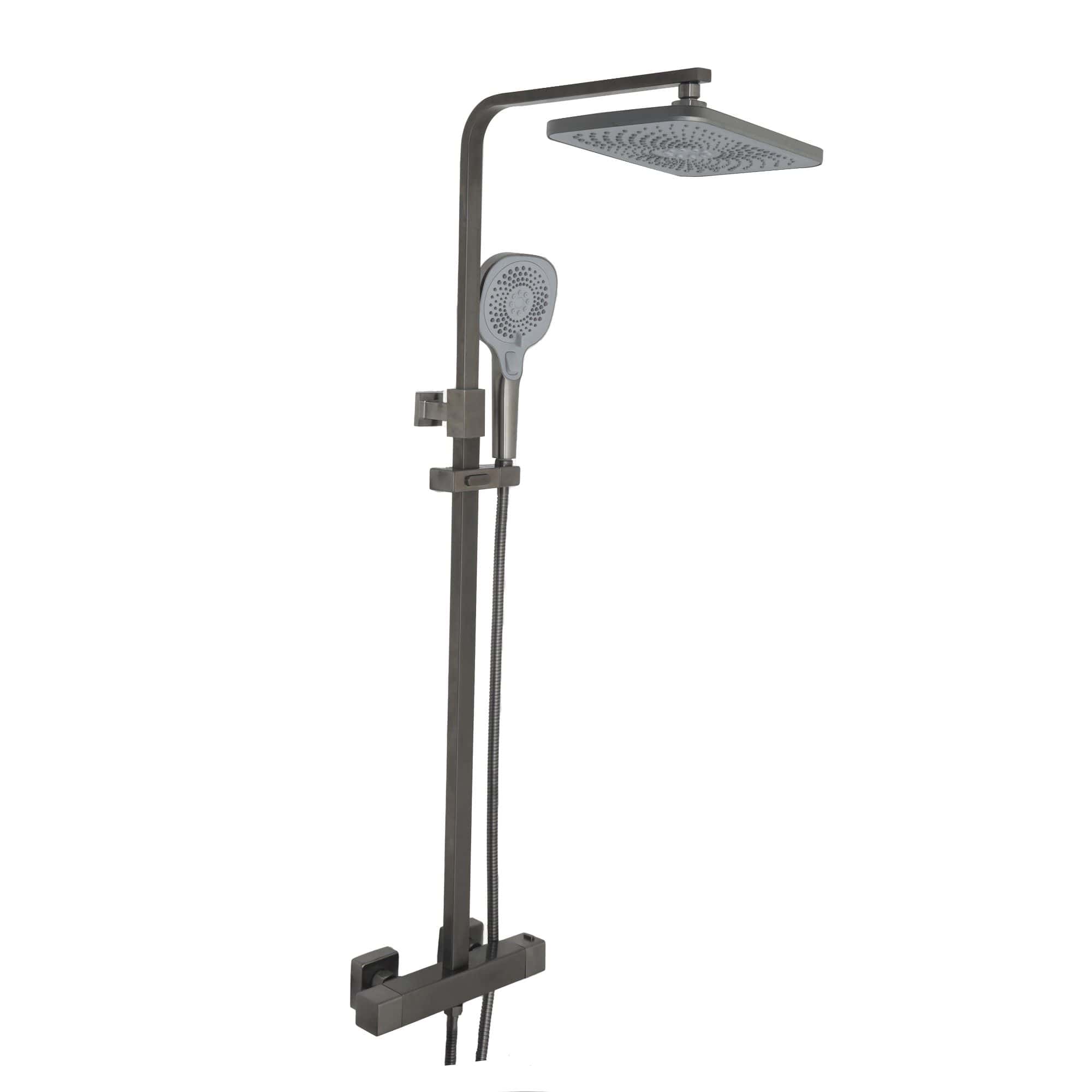 Shower system with rainfall and handheld shower heads, modern chrome finish, designed for luxury bathrooms.