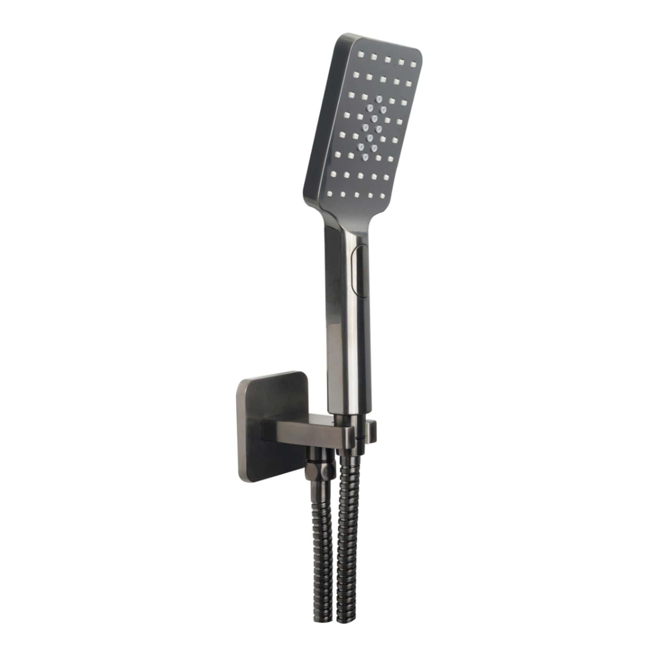 Modern black handheld shower head with adjustable spray settings, wall-mounted for convenient use in contemporary bathroom designs. Perfect for luxurious and functional bathroom renovations.