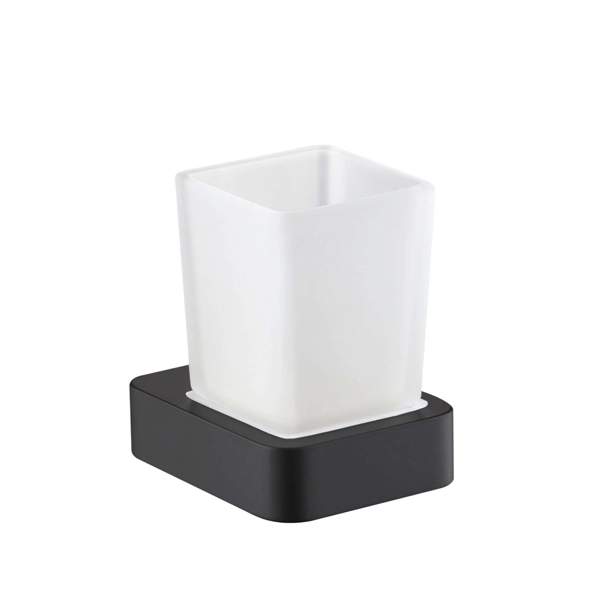 Elegant toothbrush holder with a sleek white container and black base for modern bathroom decor. Perfect for organising toothbrushes while adding style to your bathroom space.