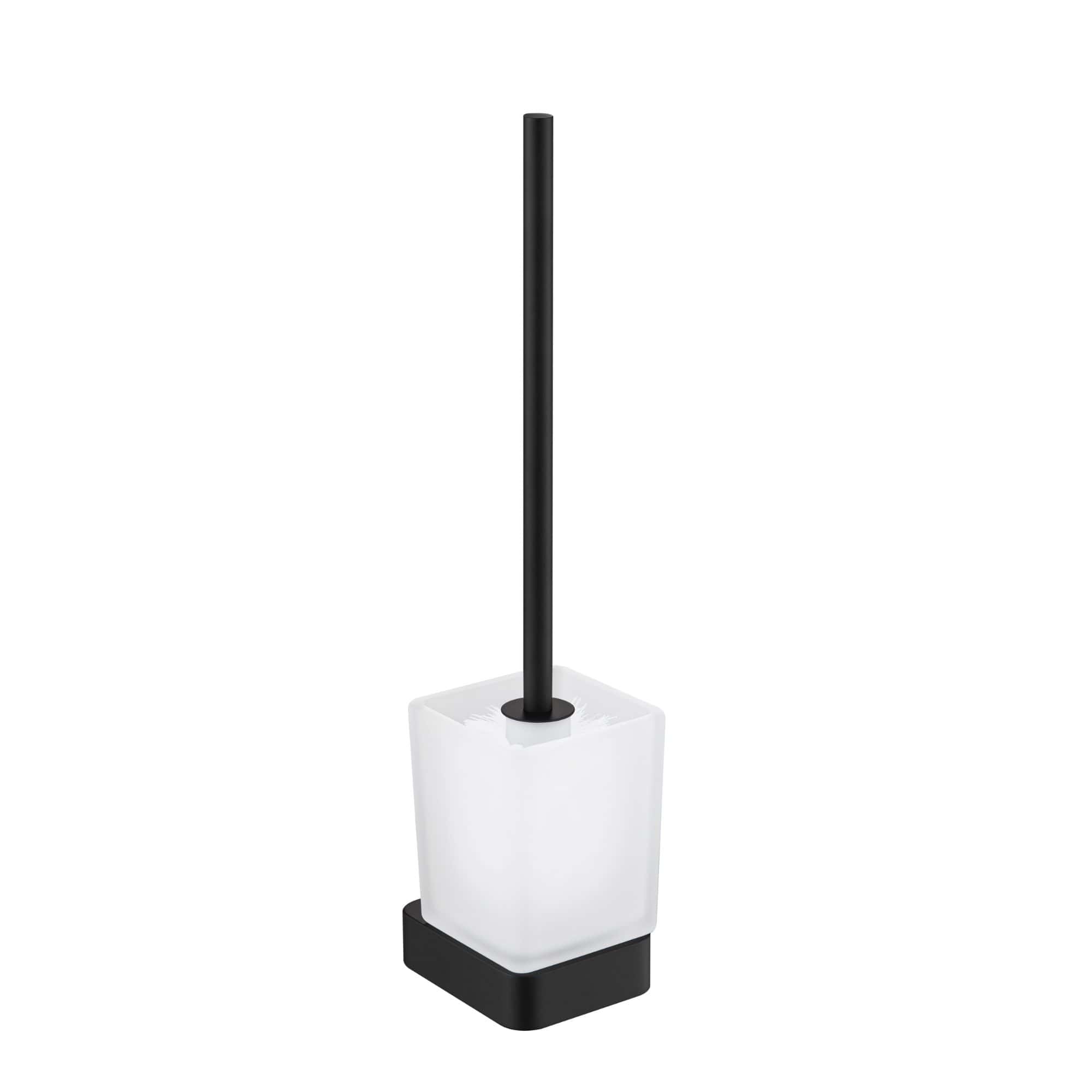 Modern black and white toilet brush holder with a sleek, minimalist design, perfect for contemporary bathrooms. Durable plastic construction with a long black handle for easy cleaning.