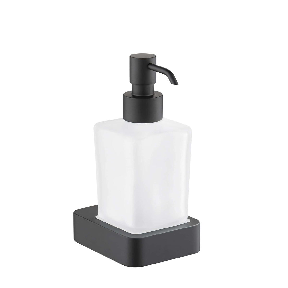 Smooth black pump dispenser with a frosted glass bottle on a black base, designed for bathroom hand soap or lotion. Sleek minimalist style for modern bathrooms.