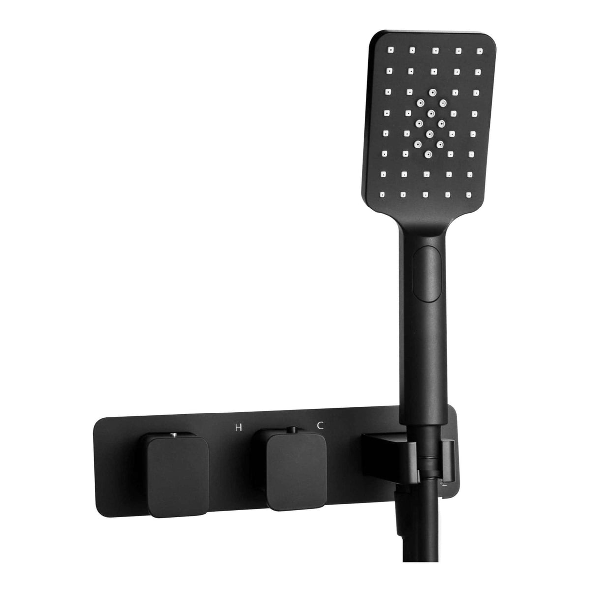 Brushed black shower panel with adjustable temperature controls and handheld shower head, ideal for modern bathrooms. Durable, sleek design enhancing bathroom aesthetics.