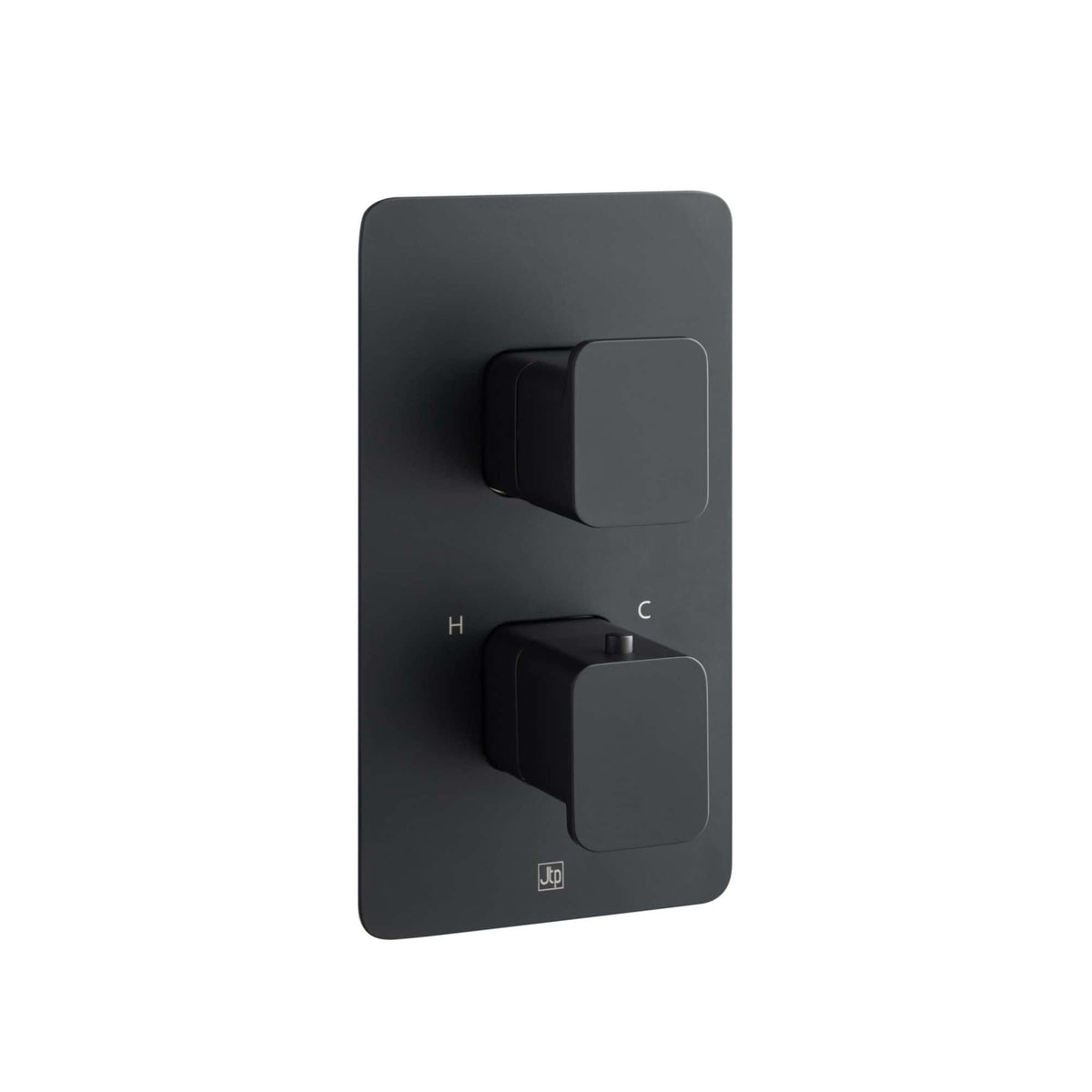 Switch control panel for modern bathroom heating and cooling system, black matte finish, with temperature settings and easy-to-use knobs.