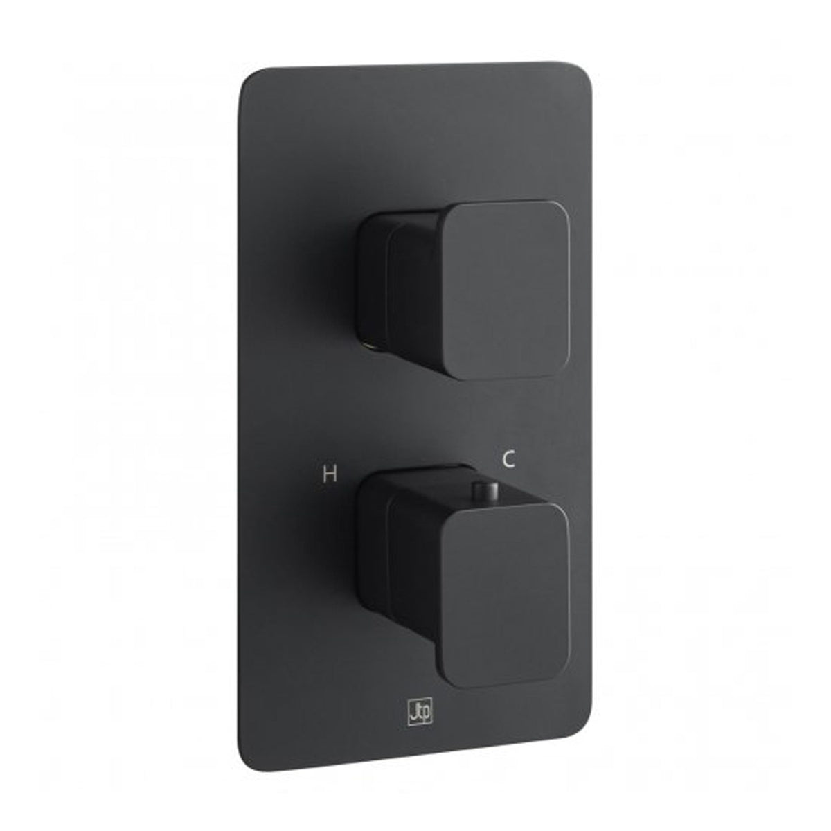 Contemporary black thermostatic shower control panel with two large knobs for precise temperature and water flow adjustment, designed for modern bathroom bathrooms.