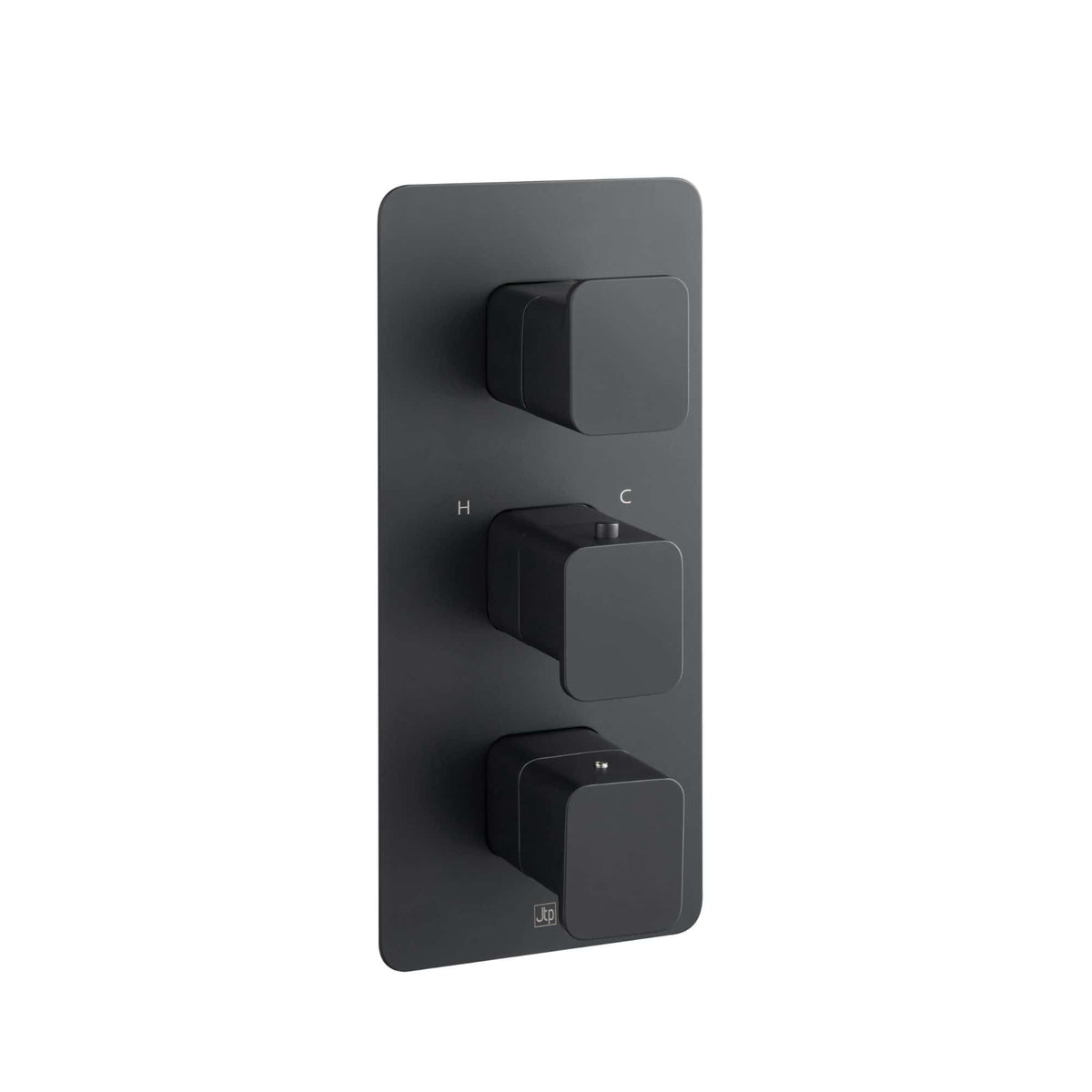 Sleek black thermostatic shower control panel with three adjustable knobs for precise temperature and flow regulation, designed for modern bathrooms.