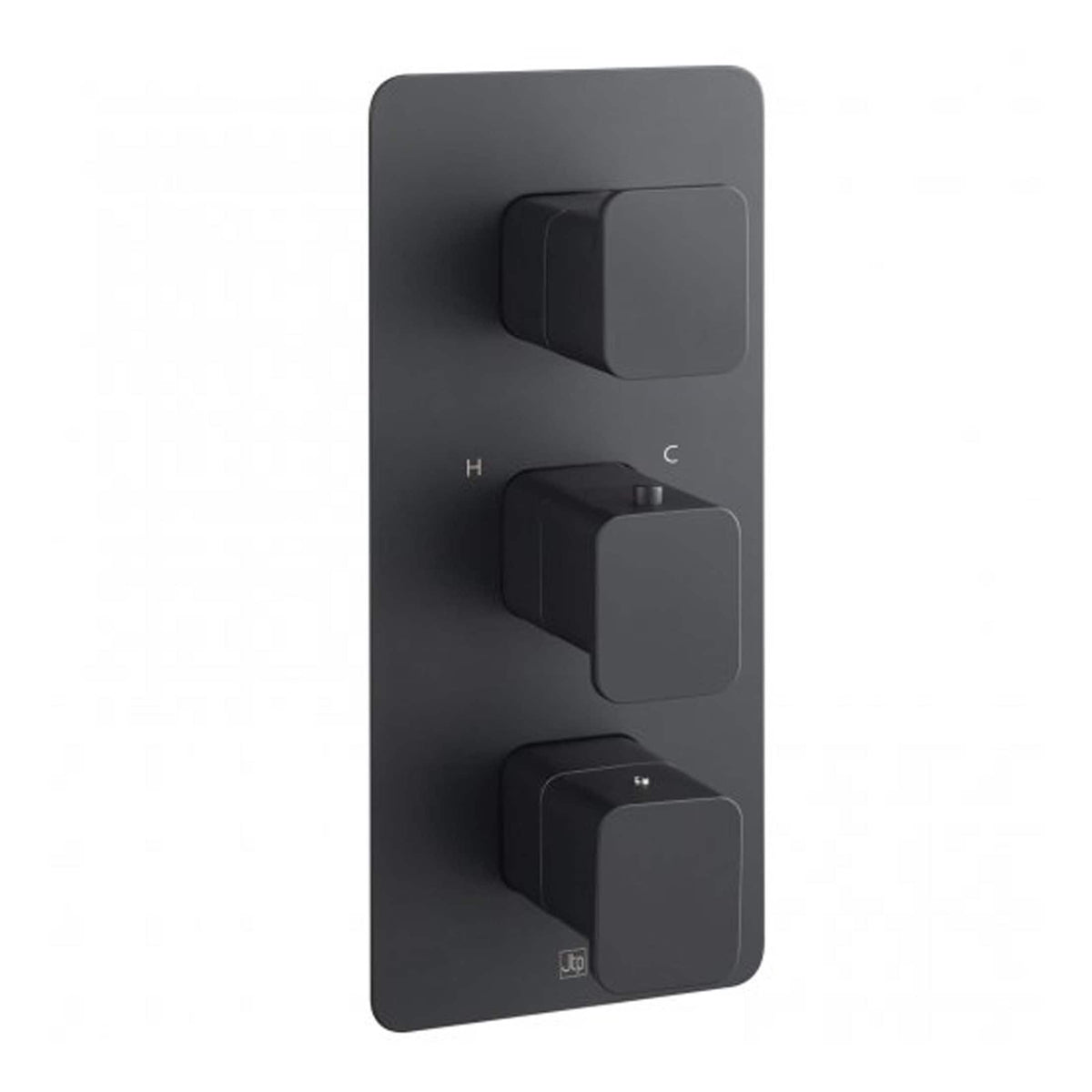 Sleek black triple shower valve with modern square controls, ideal for contemporary bathrooms by Bubly Bathrooms.