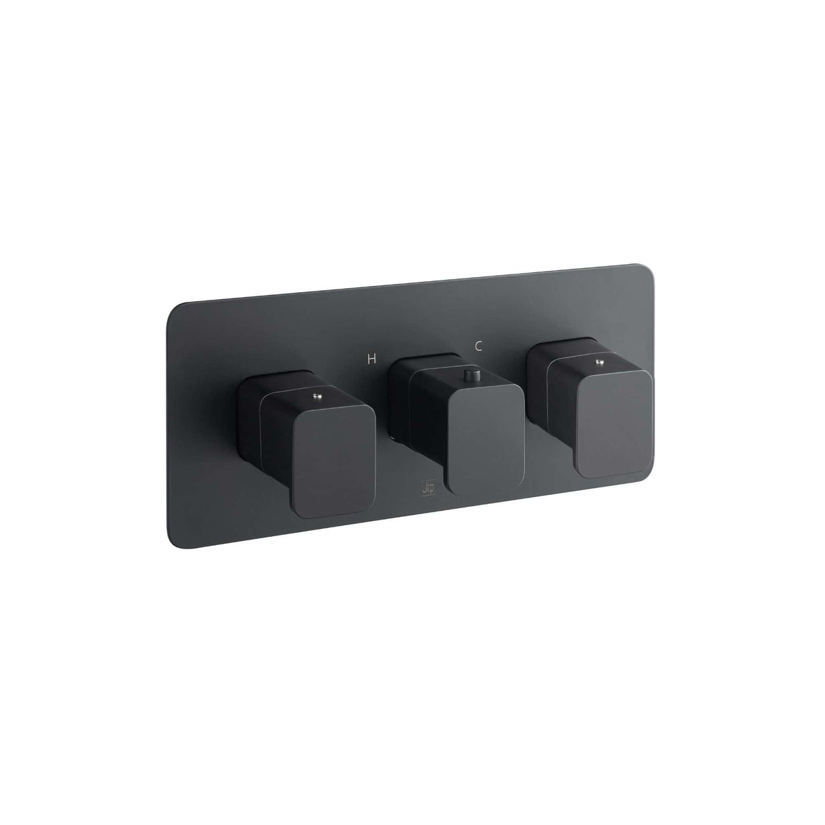 Black thermostatic bath mixer control in modern bathroom design.