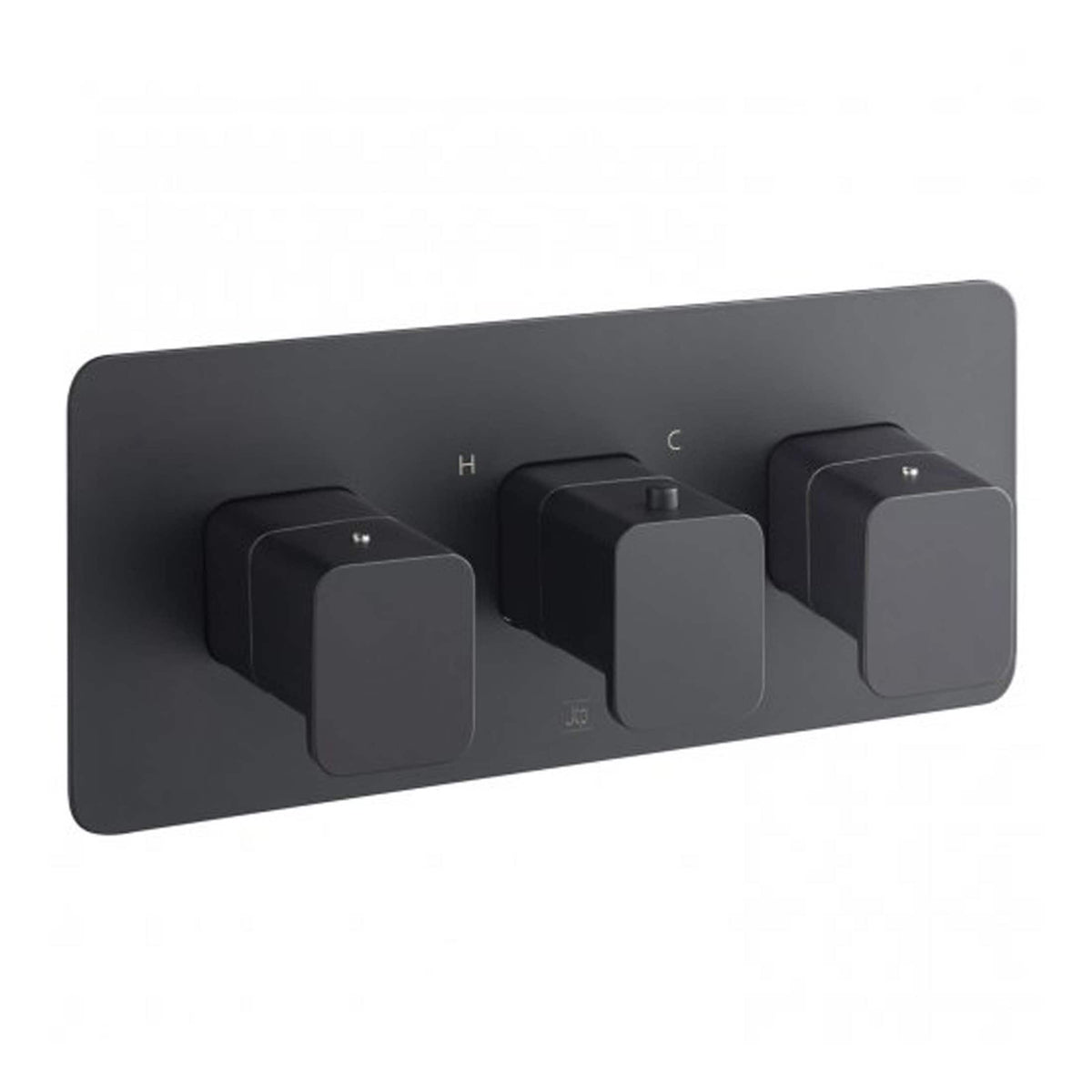 Switch thermostat control panel with three black dials for heating and radiator temperature adjustment. Modern, sleek bathroom thermostat system for temperature regulation.