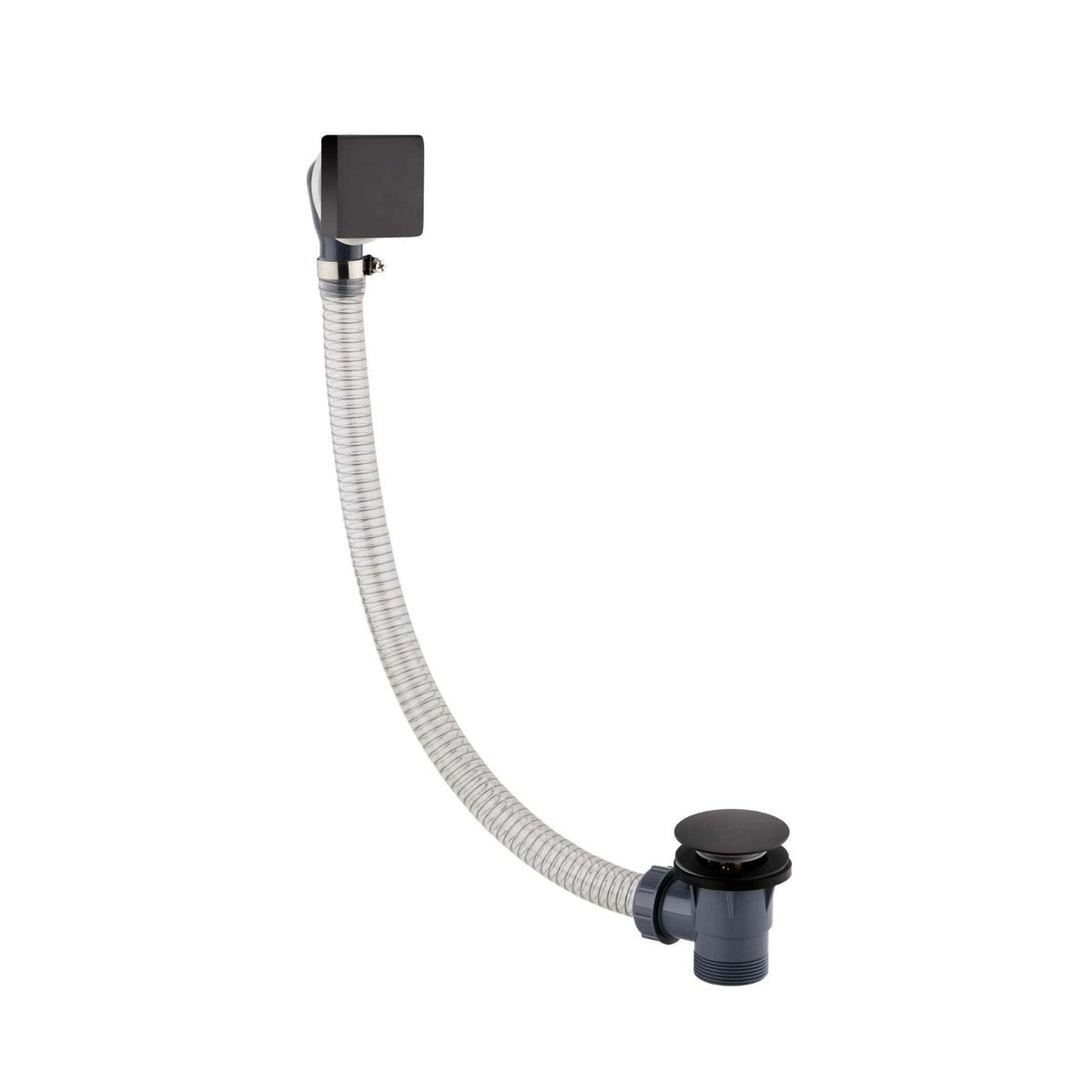 Flexible black and grey bathroom sink waste drain with a chrome flexible pipe, designed for easy installation and leak-free operation. Suitable for modern bathroom setups.