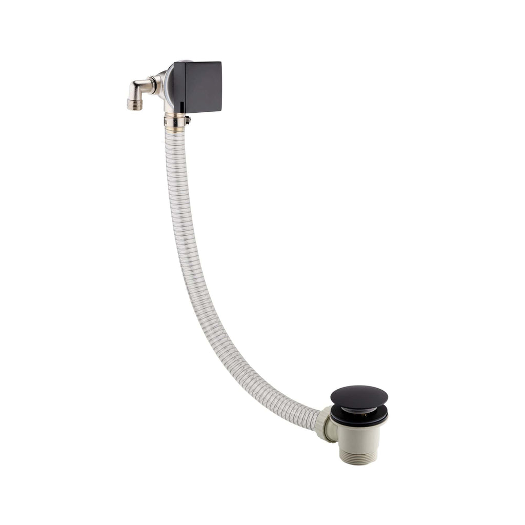 Flexible basin waste trap with black rubber stopper and chrome finish, ideal for modern bathroom installations. Suitable for preventing leaks and ensuring easy drainage.