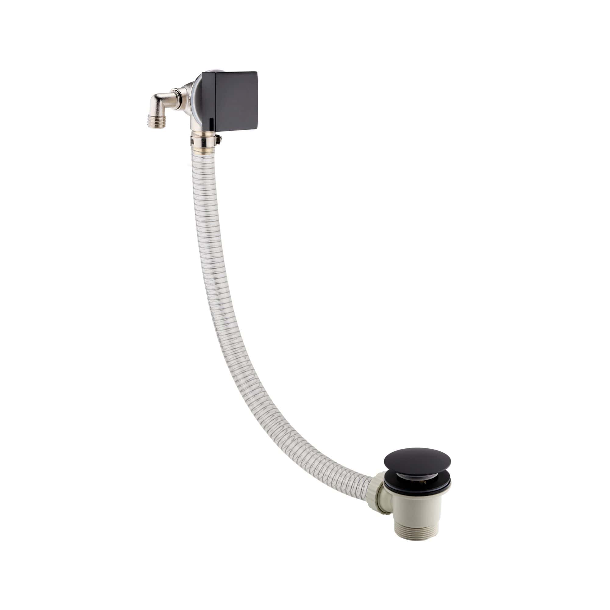 Flexible basin waste trap with black rubber stopper and chrome finish, ideal for modern bathroom installations. Suitable for preventing leaks and ensuring easy drainage.