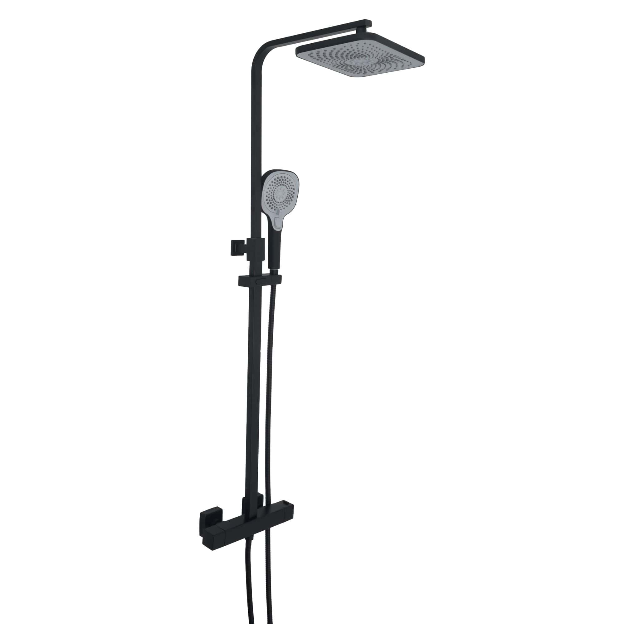 Shower system with overhead rain shower and handheld shower head, modern black finish, sleek design, ideal for luxurious bathroom bathrooms and minimalist bathroom renovation ideas.