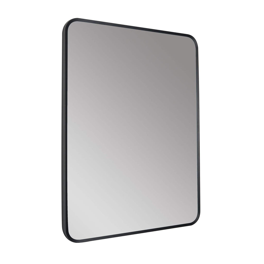 Sleek modern wall-mounted bathroom mirror with black frame, perfect for contemporary bathroom designs and adding a touch of elegance to any space.