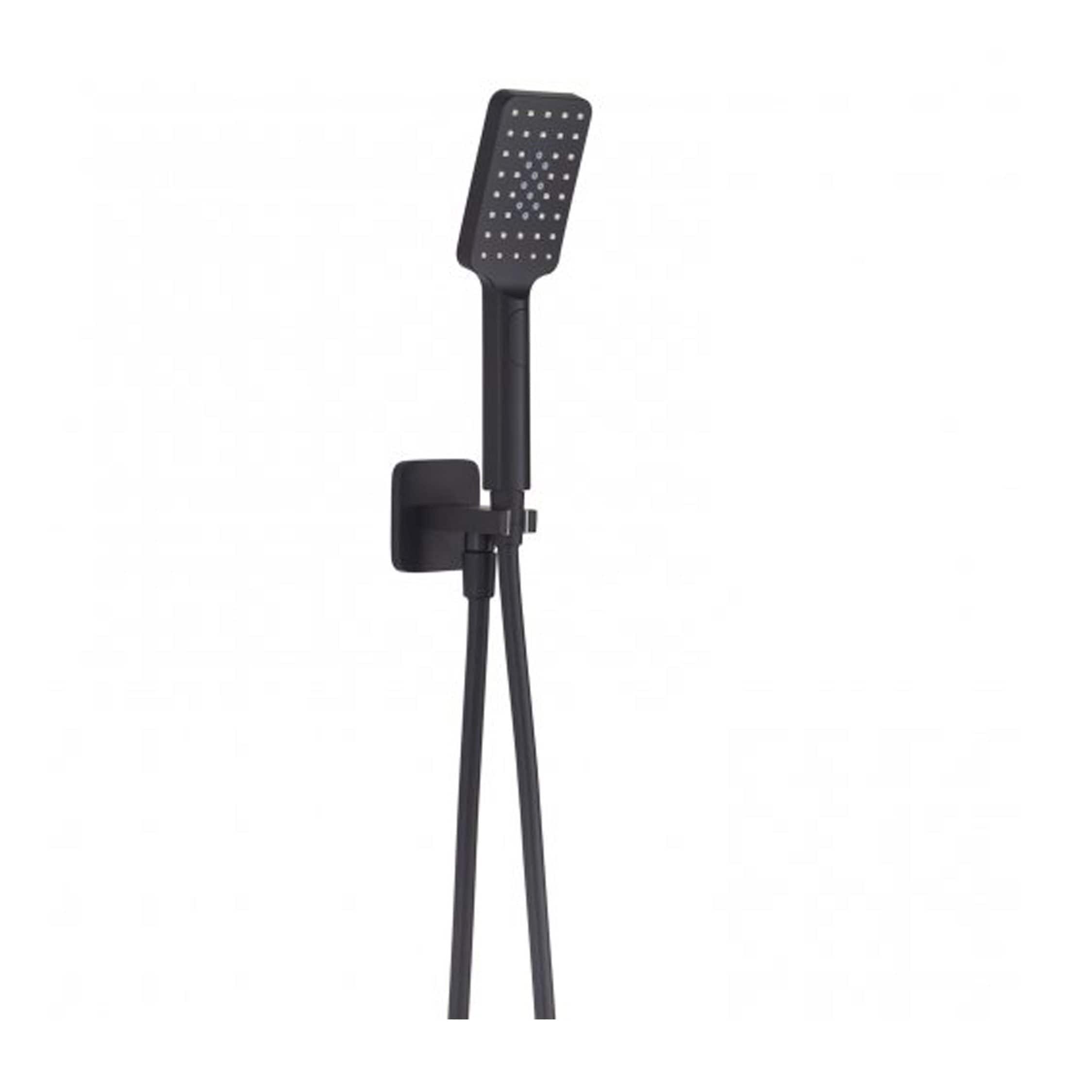 Flexible black shower head with adjustable height on a stand, ideal for modern bathroom installations.