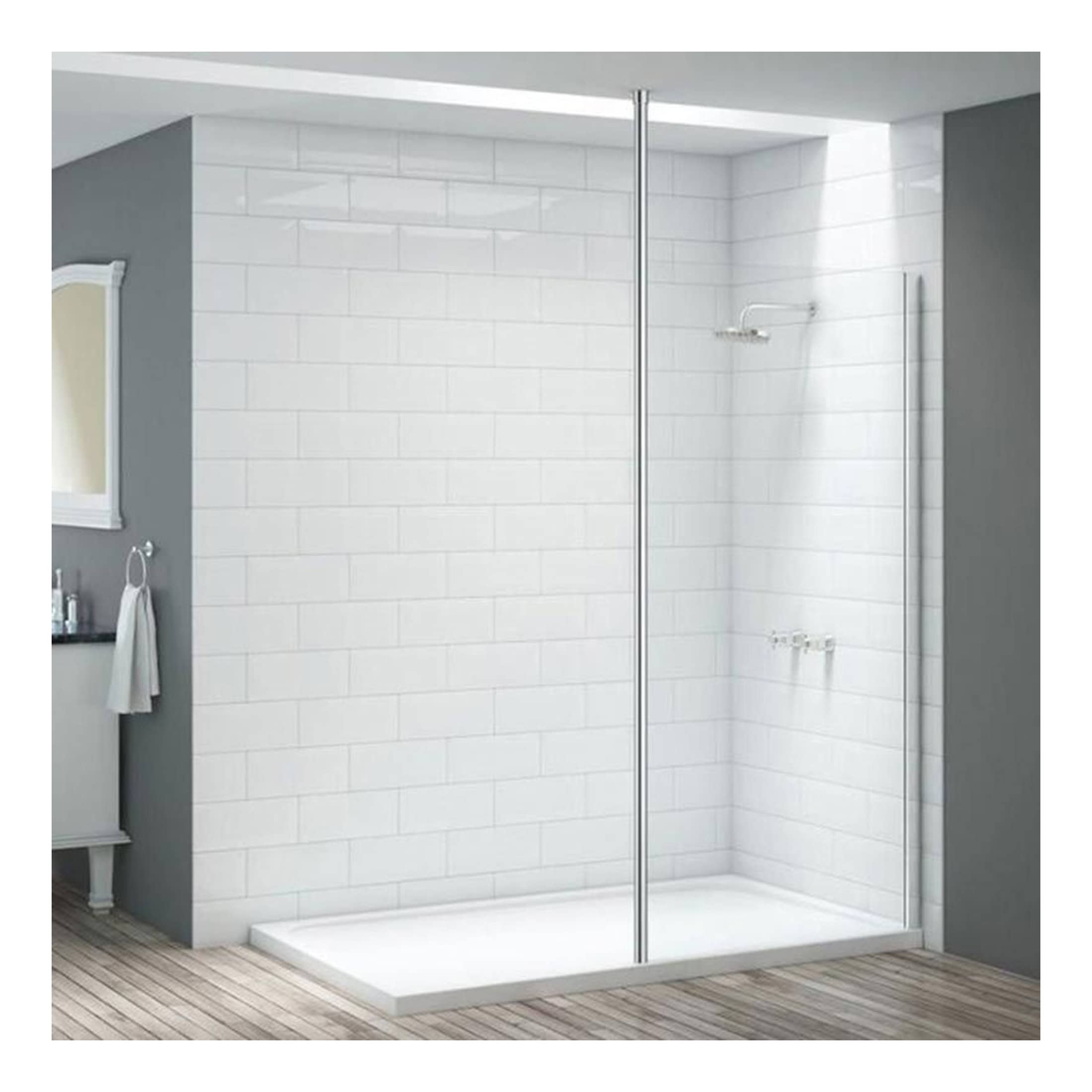 Sleek corner walk-in shower with clear glass panels, white tiled walls, and a minimalist design, perfect for modern bathroom renovations and creating a spacious bathing area.