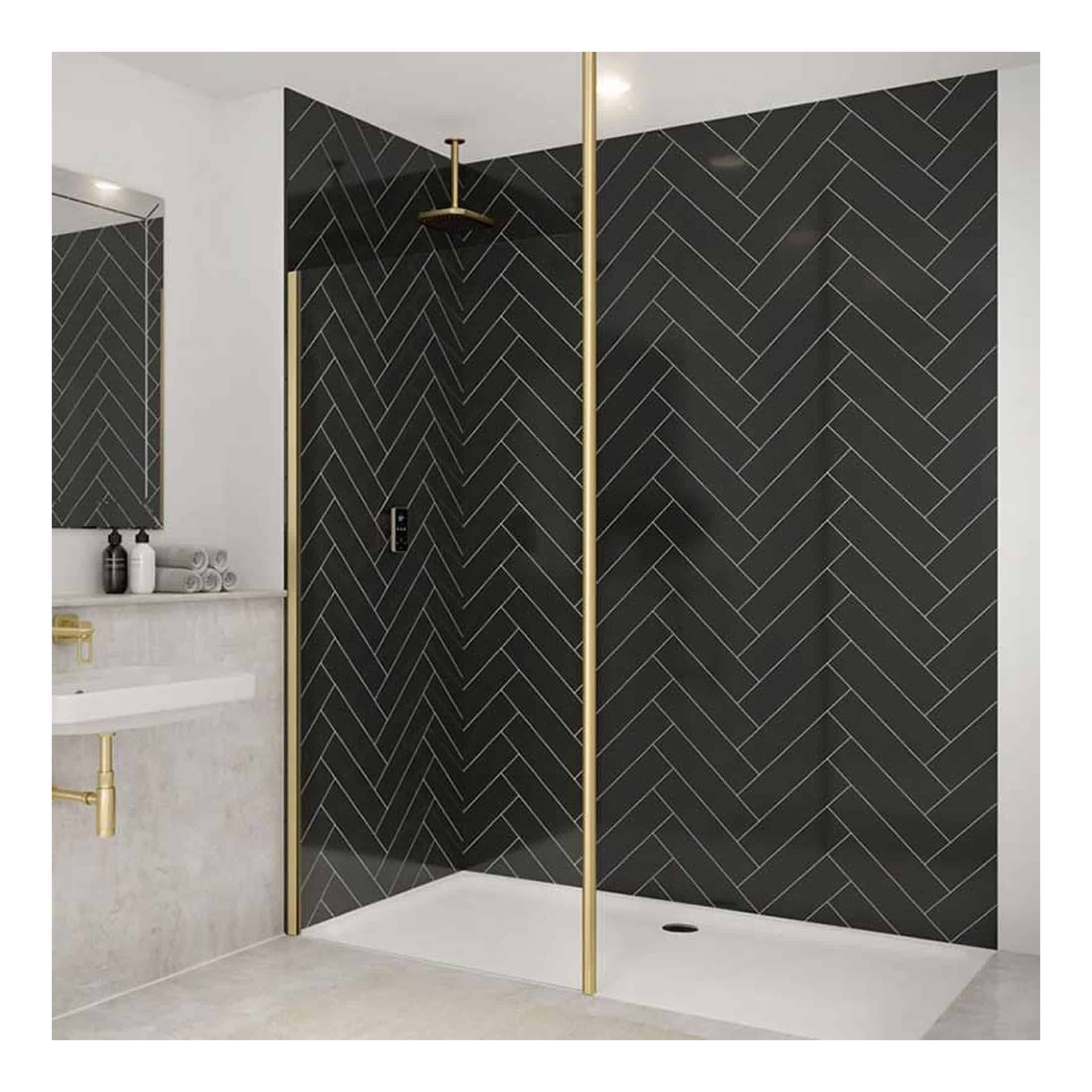 Elegant black herringbone tiled walk-in shower with gold accents, modern bathroom design, and minimalist fixtures from Bubly Bathrooms. Perfect for contemporary bathroom renovations.