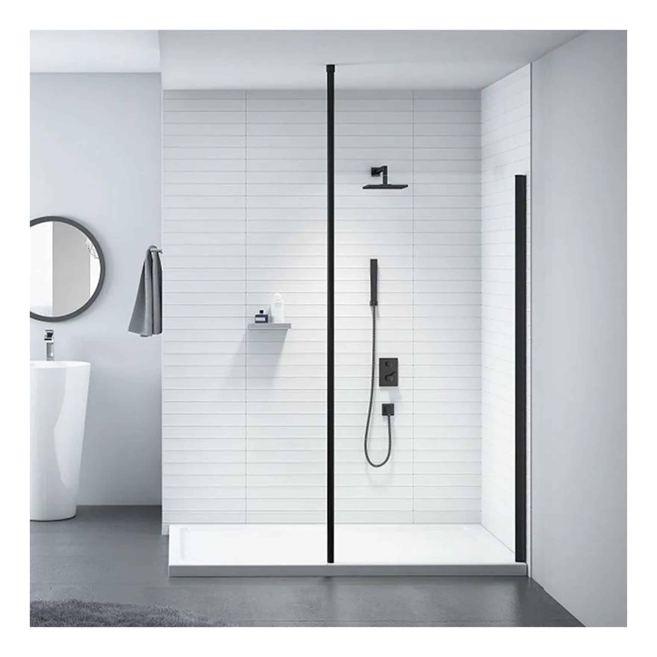 Sleek modern walk-in shower with black fixtures in a minimalist bathroom featuring white tiled walls and a grey floor for a contemporary bathroom look.
