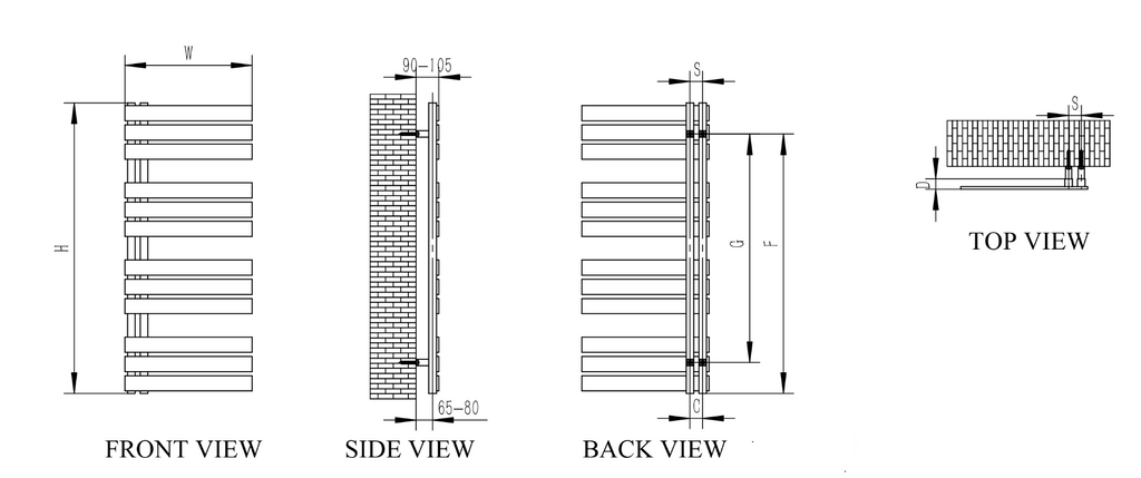 Reina Ricadi Polished Stainless Steel Heated Towel Rail - technical drawing with dimensions