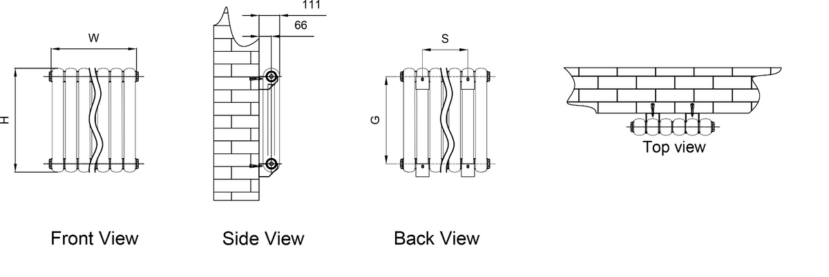 Reina Coneva Horizontal Anthracite Designer Radiator - technical drawing with dimensions