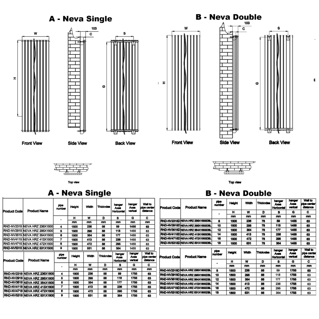 Reina Neva Vertical Single Anthracite Designer Radiator - technical drawing with dimensions