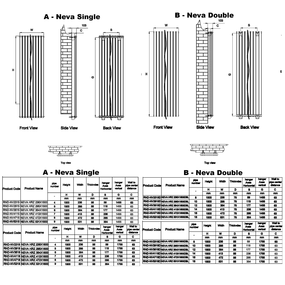Reina Neva Vertical Double Anthracite Designer Radiator - technical drawing with dimensions