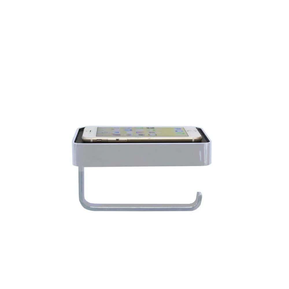 Wireless phone holder with built-in charger for bathrooms and kitchens, featuring durable white plastic design. Compatible with smartphones for easy access and charging. Perfect bathroom accessory.